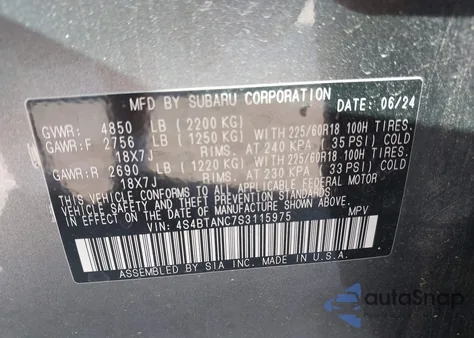 2025 Subaru Outback Limited from USA, damaged, VIN 4S4BTANC7S3115975